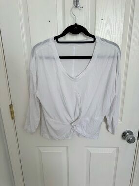 Athleta White V-Neck Front Knot Long Sleeve Top